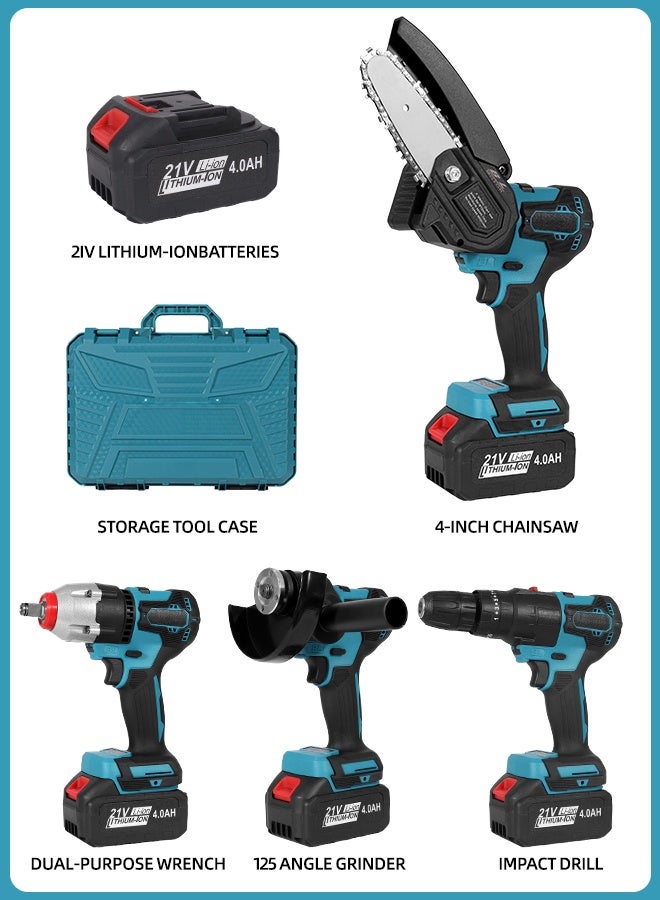 ALongDeng 21V Cordless Power Tool Set 4-in-1 Electric Tool Kit with 4-Inch Chainsaw Impact Drill Angle Grinder Dual-Purpose Wrench 4.0Ah Li-Ion Batteries & Storage Case for Home Garden DIY - Image 2